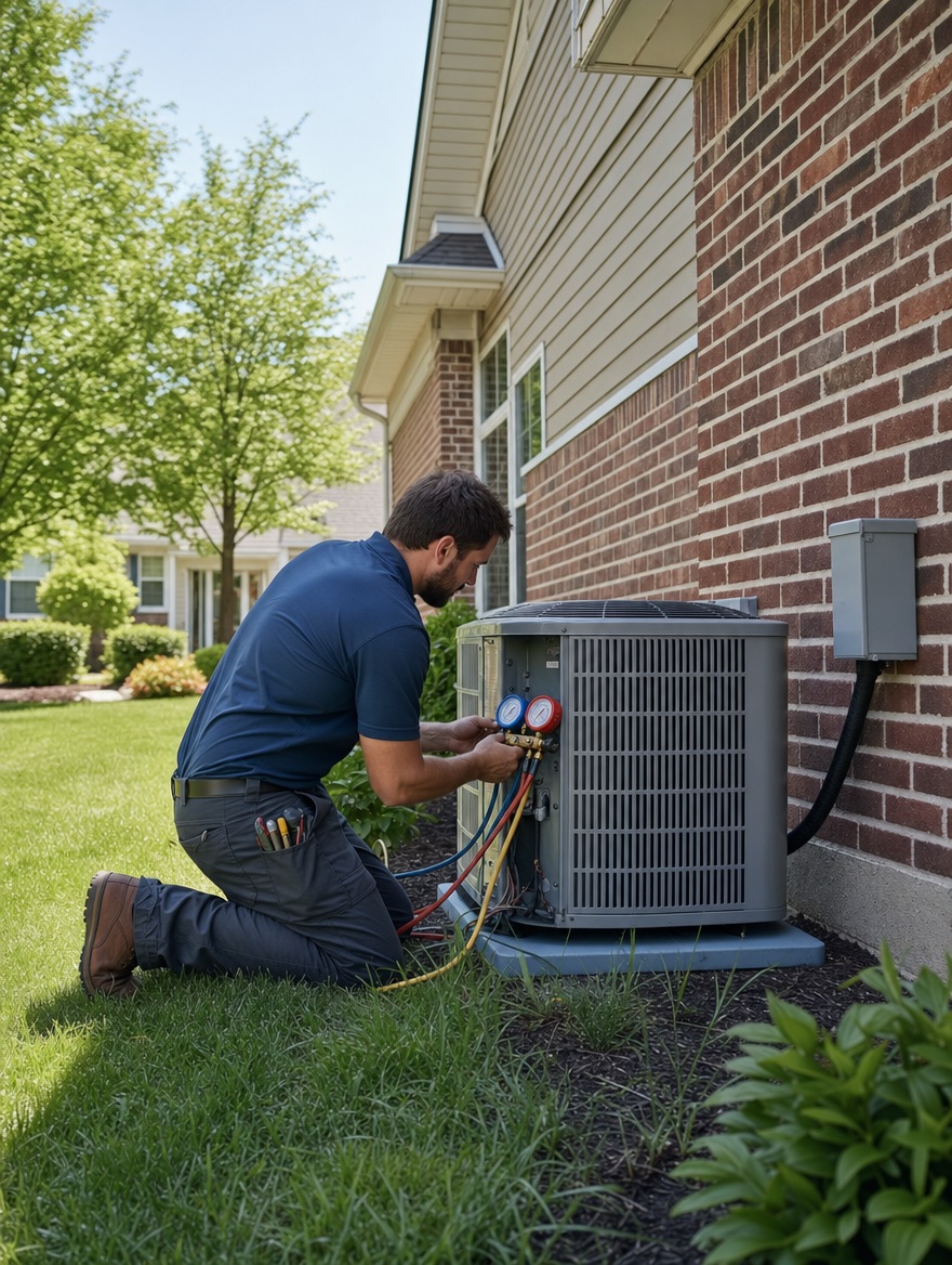 Technician servicing a home air conditioning unit